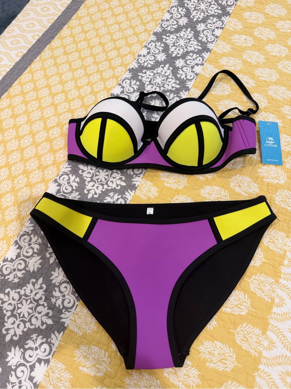 Cupshe Purple, Yellow & Black Colorblock Bikini Set Size Small